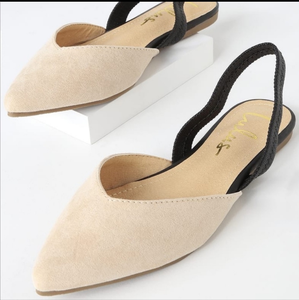 Mae Beige and Black Suede Pointed-Toe Slingback Flats 8
